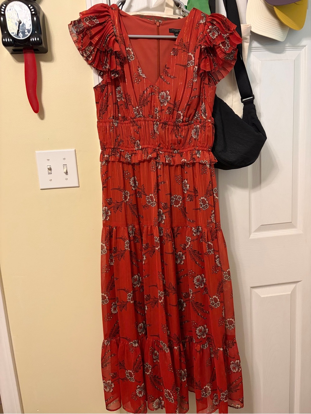 Ann Taylor Red Floral Tiered Maxi Dress with Ruffle Sleeves